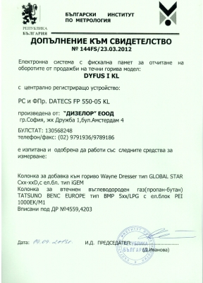 Annex to Certificate 144FS/23.03.2012 of registering and reporting retail sales through fiscal systems
